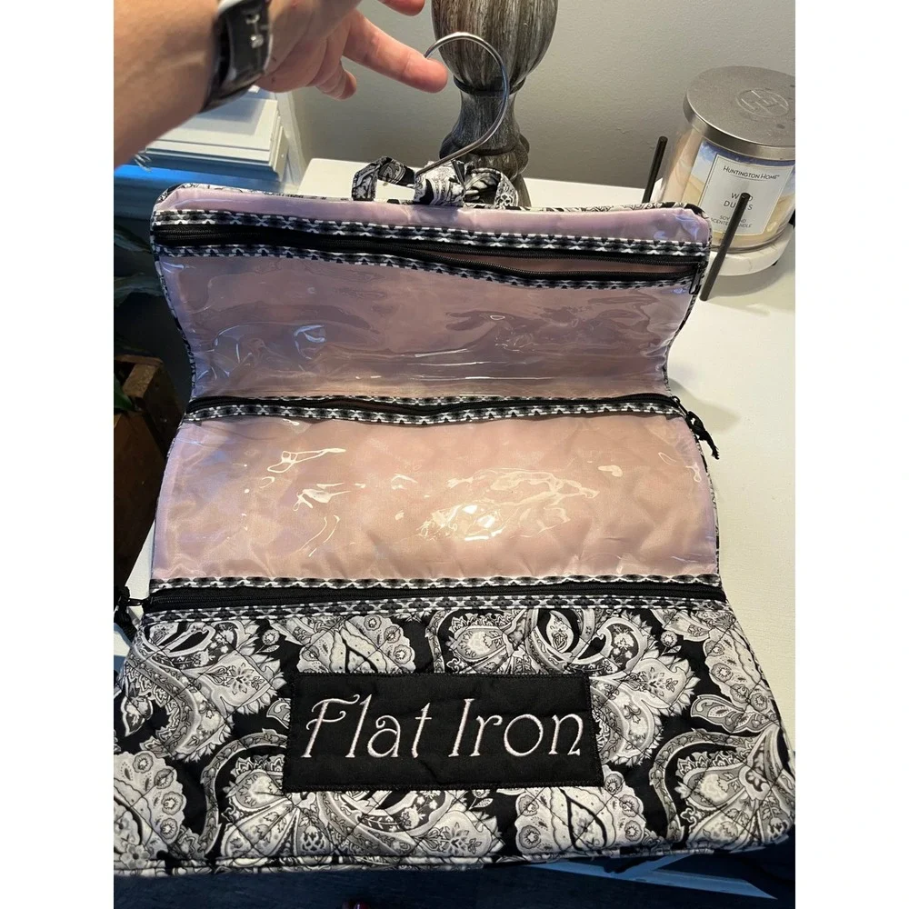 Hanging Travel Organizer Bag Black White Paisley Flat Iron Case